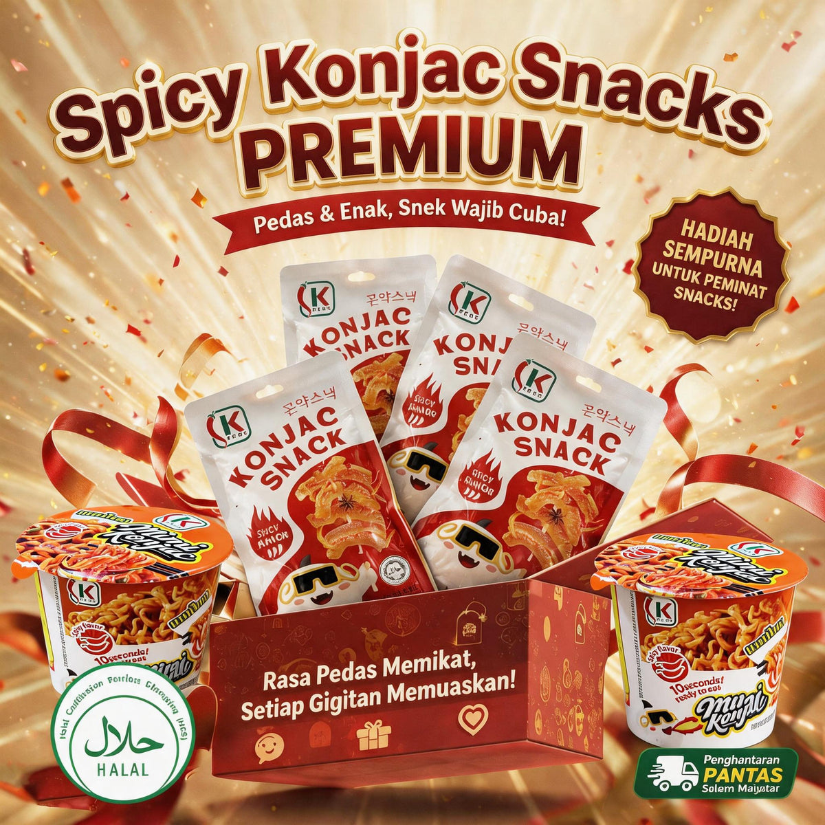 [HALAL] Spicy Konjac Snack & Konjac Mixed Noodles | Rasa unik | Pasangan terbaik untuk mi ramen | Dijual dalam pek 4